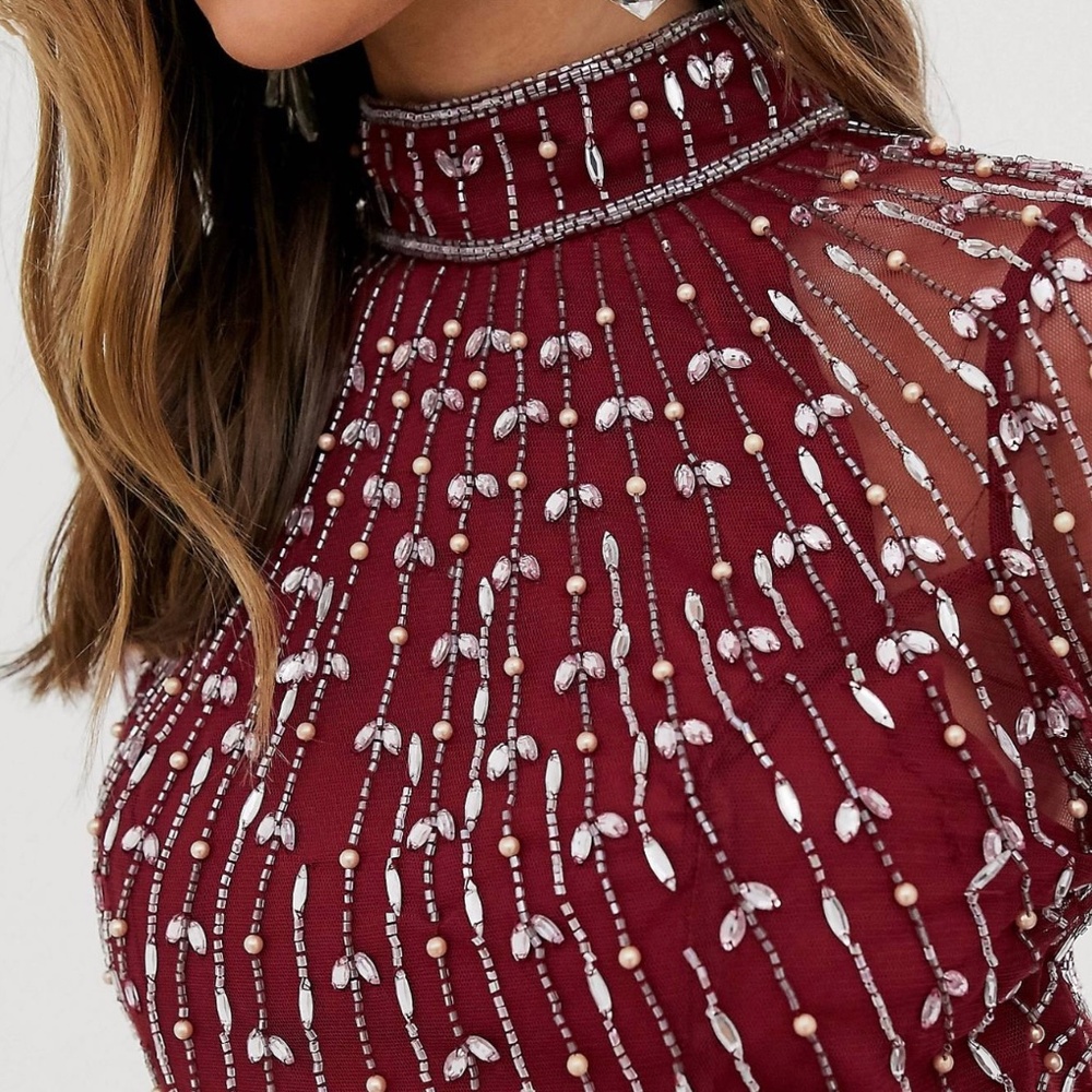 ASOS burgundy embellished midi dress